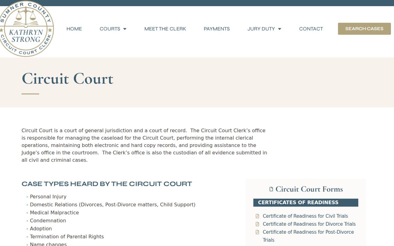 Sumner County court calendar and Circuit Court motion schedule