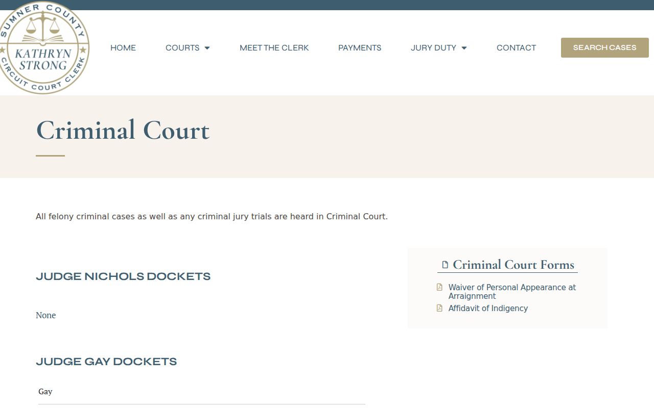 Sumner County Criminal Court felony and jury docket page