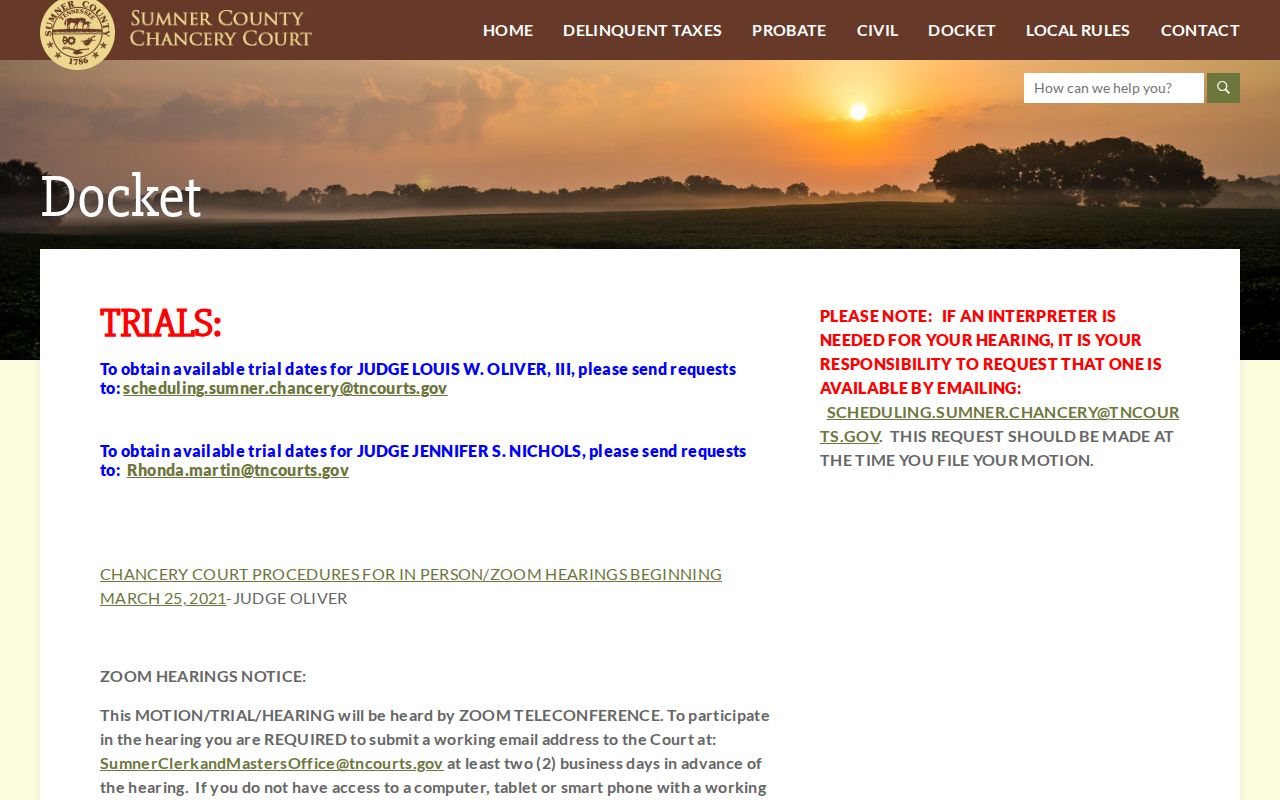 Sumner County court calendar instructions for Chancery and Probate