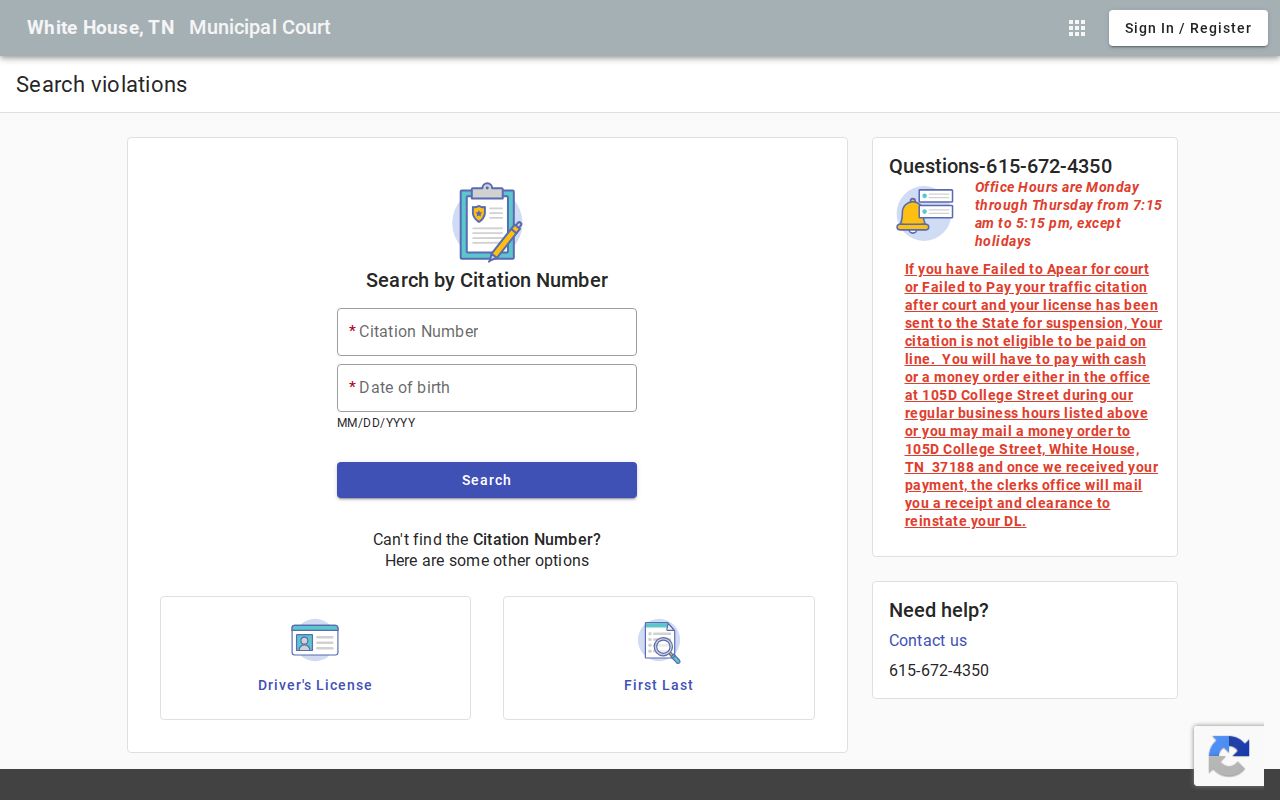 White House court docket citation search and suspension notice