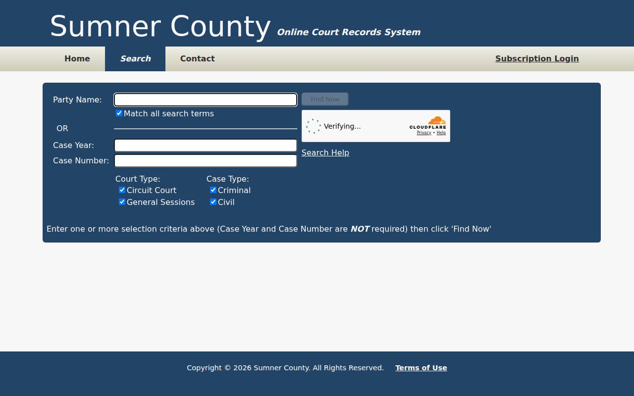 Sumner County case search fields in the public tncrtinfo portal